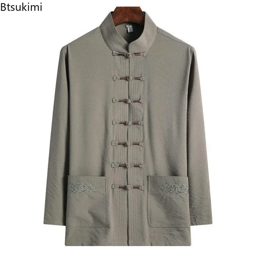 Traditional Chinese Style Men Hanfu Tang Suit Fashion Stand Collar Embroidery Tops 2024 Male Comfort Long Sleeve Ice Silk Shirts