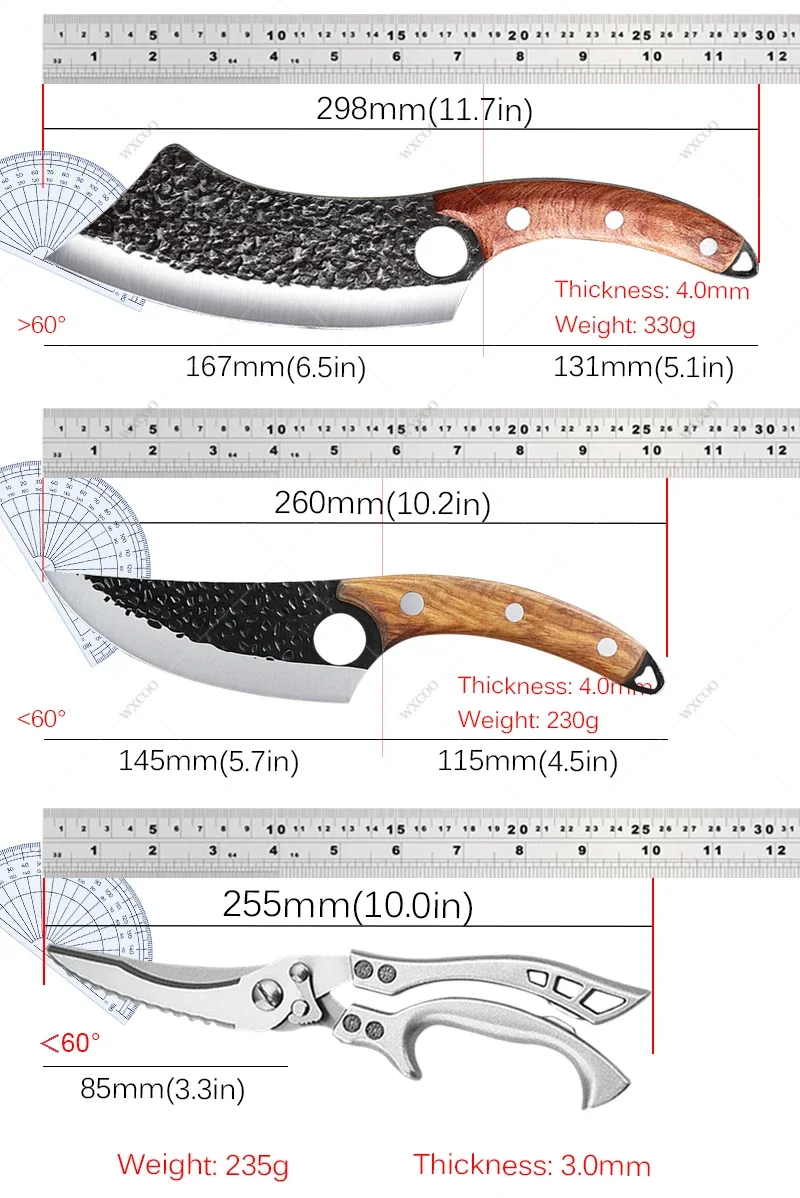 WXCOO Forged Kitchen Scissors Chef Knife Set High Carbon Steel Meat Fish Fruit Knives Butcher Cleaver Boning Knife with Cover
