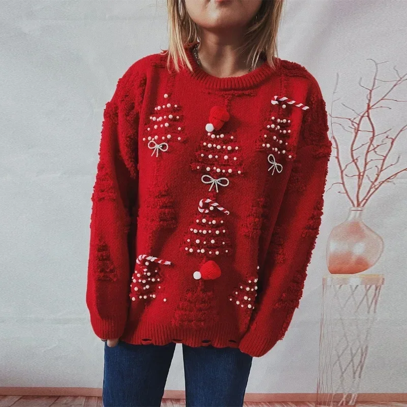 Sweater Pullover pohon Natal pita untuk wanita rajut kasual Tahun Baru dekorasi mutiara buatan tangan 3D Sweater rajut merah Mujer