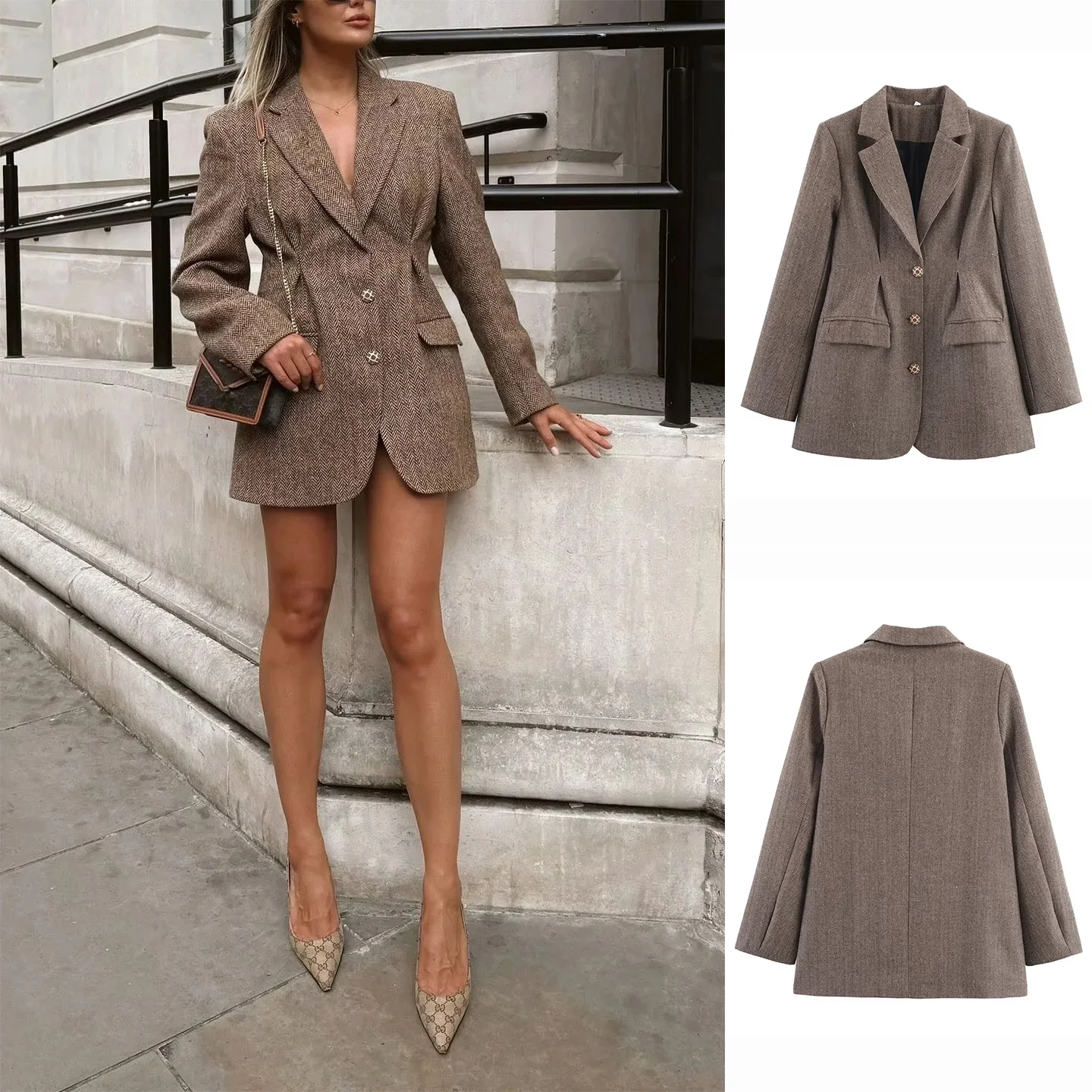 

Новый осенний женский пригородный костюм с длинным воротником-стойкой и одной пуговицей, шерстяной костюм с застежкой на талии Jaet