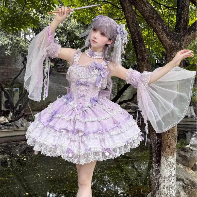 Original Chinese Style Sweet Girls Lolita Dress Set JSK Summer New Japanese Women's Slim Fit Elegant Bow Lace Dress Cos Dress
