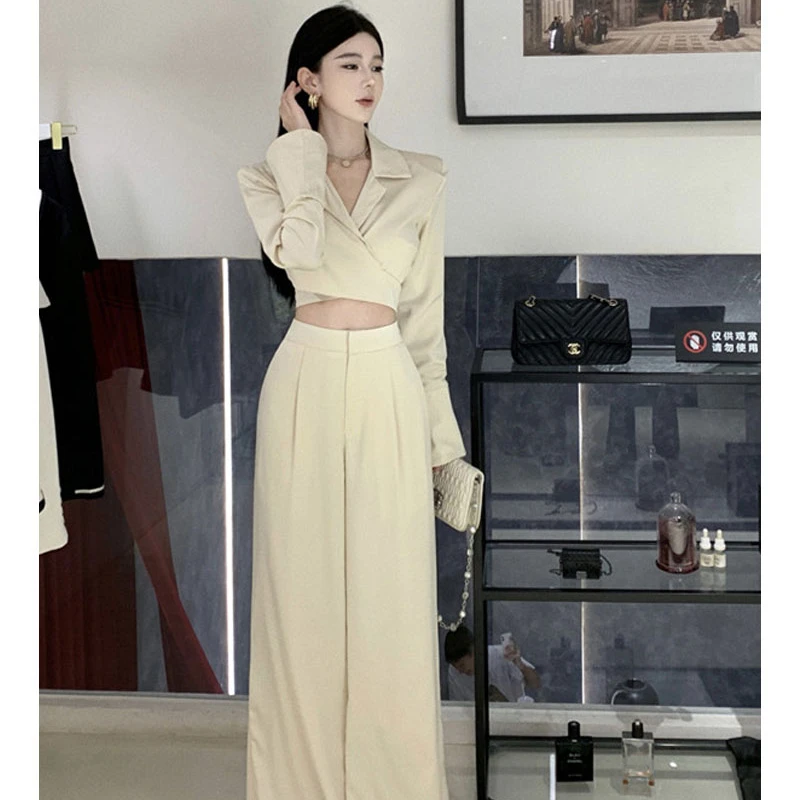 Women's Autumn Vintage Casual Short Blazer Coat High Waist Wide Leg Pants Set Black Hepburn Style  Trousers Two-piece 