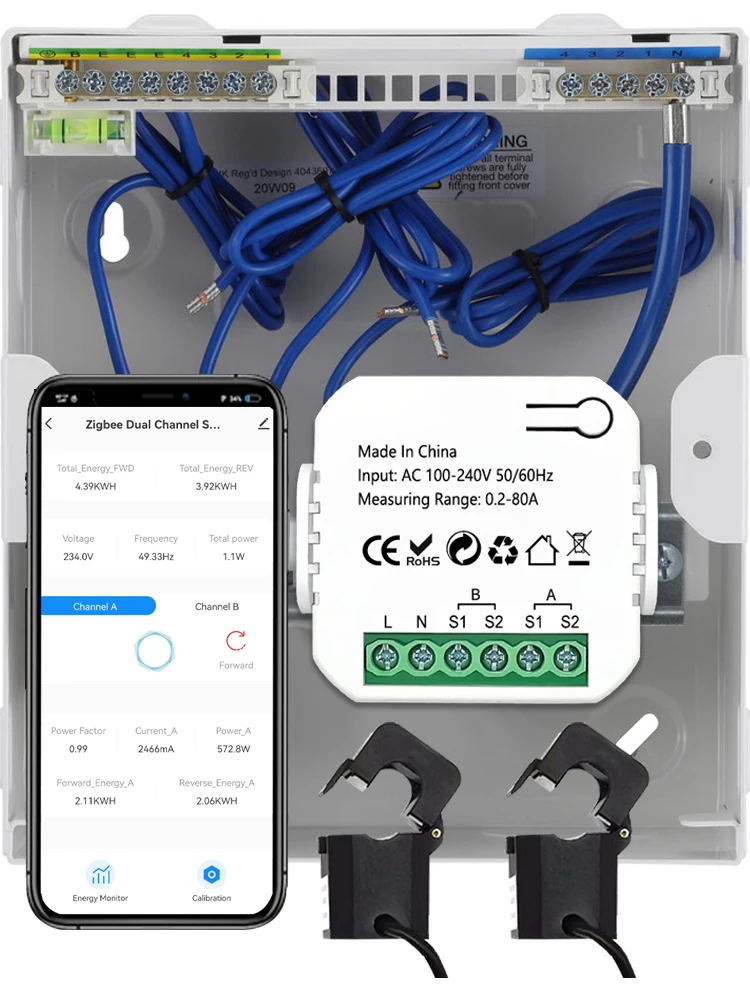 Compteur d'énergie WiFi intelligent bidirectionnel 1/2 canal avec pince, surveillance par application de la puissance produite et consommée (solaire), AC110V 240V