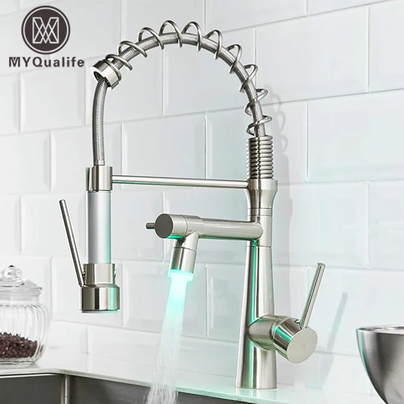 Brushed Nickel LED Kitchen Tap with Spiral Spring, 360° Swivel Sink Taps with Two Spouts, Extendible Kitchen High Pressure