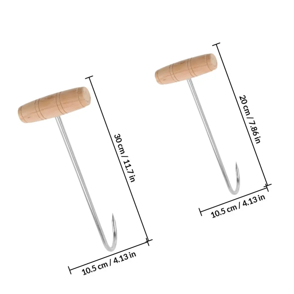 2Pcs Butcher Supplies T Handle Meat Hooks Wooden Handle Stainless Steel Meat Processing Hooks for Kitchen Bbq Butcher Supplies