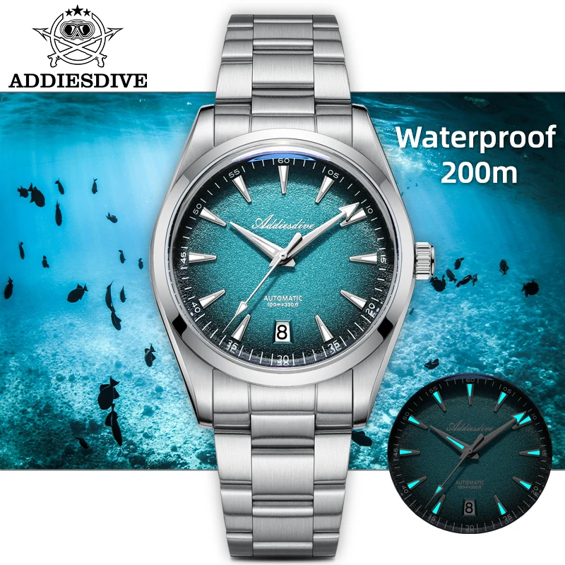 ADDIESDIVE 39mm Men's Mechanical Diving Watch 100m Waterproof Super Luminous Wrist Watch Bubble Glass 316L Stainless Steel