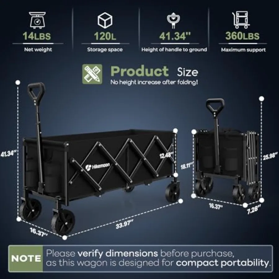 34'' Extra Long Collapsible Wagons Carts Foldable 360LBS Heavy Duty Folding Beach Wagon Cart with Wheels for Grocery Shopping G