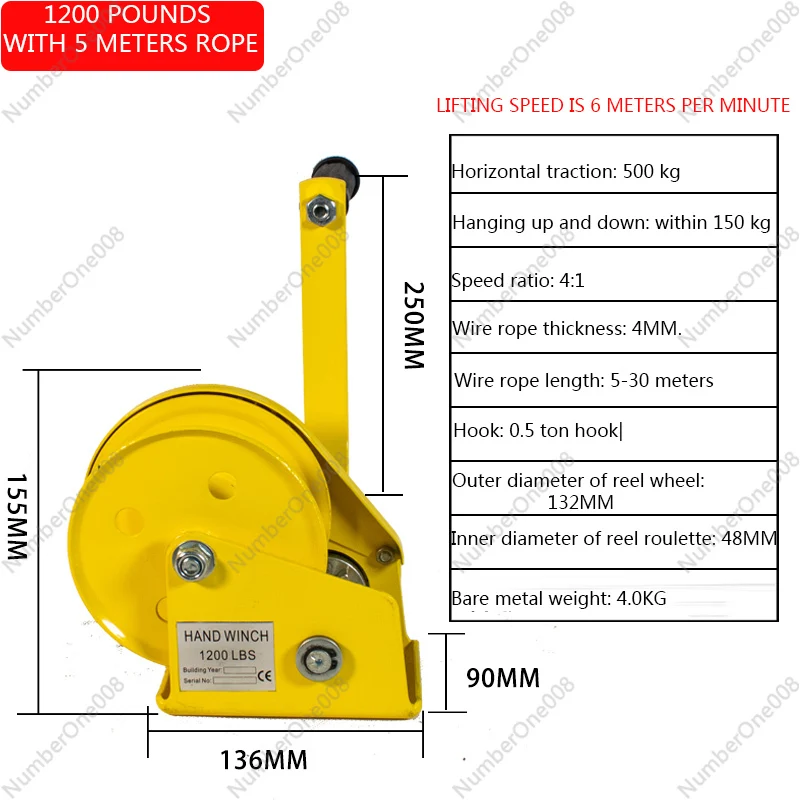 Two-Way Self-Locking Device Small Manual Winch Mini Wire Rope Winch With Hook Automatic Brake Manual Crane Hoist