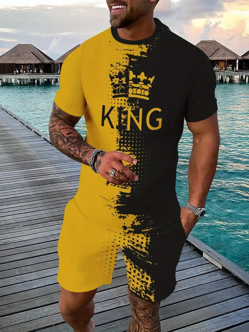 

Популярные мужские футболки и шорты, комплект с 3D принтом короны, повседневный гавайский футболка, летний мужской и женский спортивный костюм, комплект из 2 предметов для бега