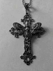 Grand collier pendentif croix papillon, filigr123 floral, style victorien, vintage, gothique, grand cadeau pour sa protection, amulette