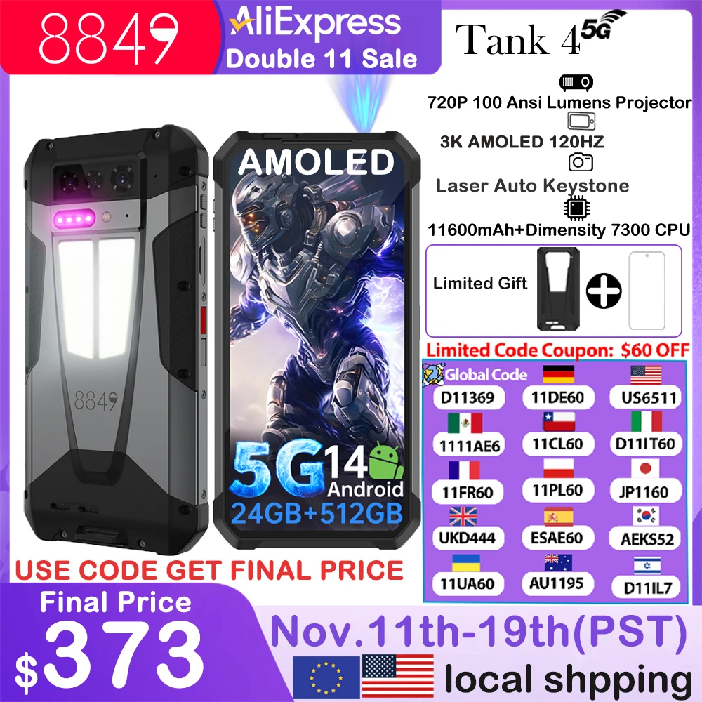 Smartfon Unihertz Tank 4 z projektorem 720P 100 lumenów, ekranem AMOLED 6.78'', 512 GB, baterią 11600 mAh, systemem Android 14, procesorem Dimensity 7300 i częstotliwością odświeżenia 120 Hz.