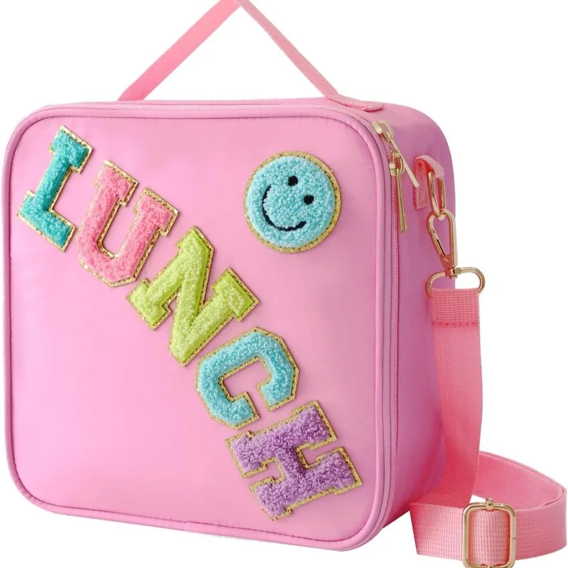 Popular Smiley Embroidery Thermal Lunch Tote Portable Aluminum Film Insulated Bag Outdoor Picnic Food Fresh Keeping Handbag