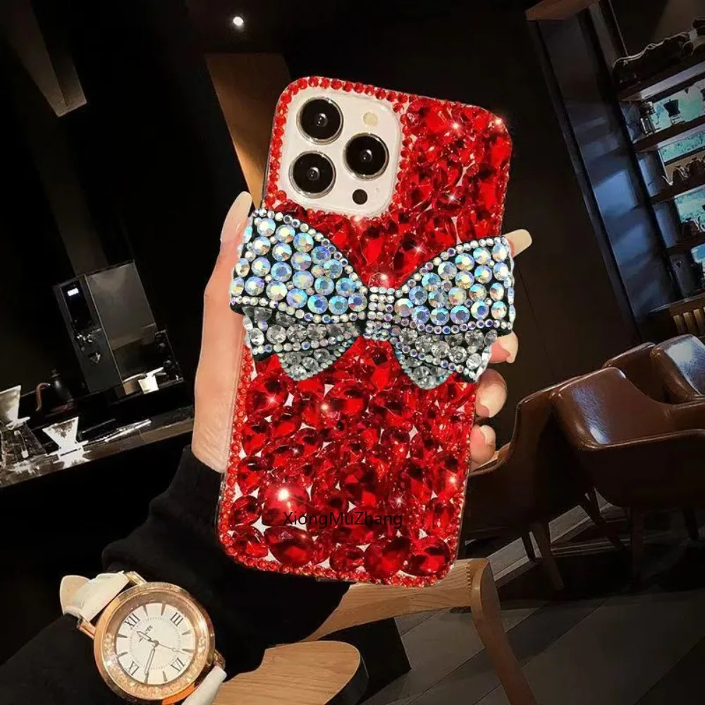 Vollständig mit Diamanten besetzte Handyhülle für iPhone 11 12 13 Mini 14 15 Pro Max 16 18 17 Pro Max Xs Max Luxuriöse Handgefertigte Schleifen-Handyhülle mit Kristallen – Detail 7