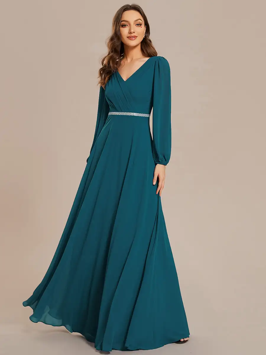 

Elegant Evening Glitter V-neck long sleeve girdling Floor length 2025 Ever Pretty of Chiffon Teal Wedding Guest Dresses