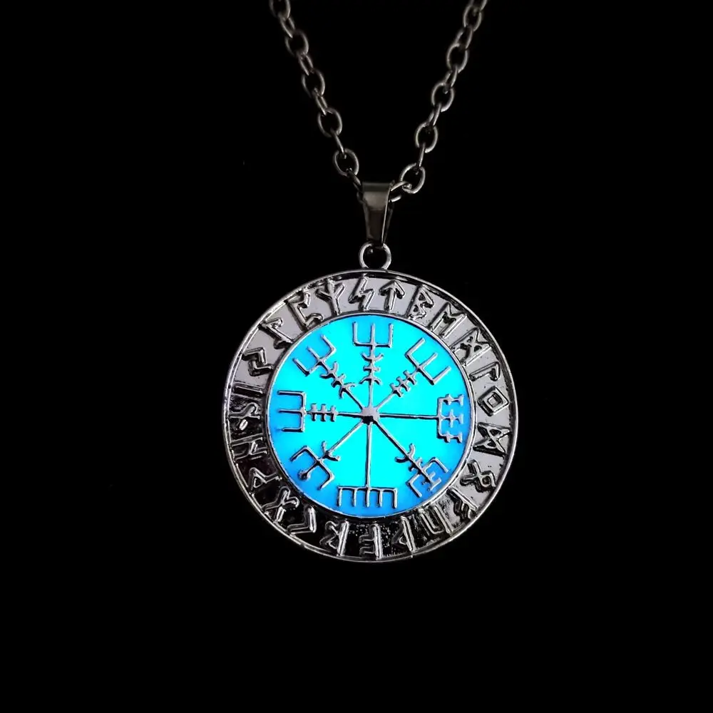 Vintage Norse Pirate Compass Necklace with Glow in the Dark Runic Inscriptions for Men