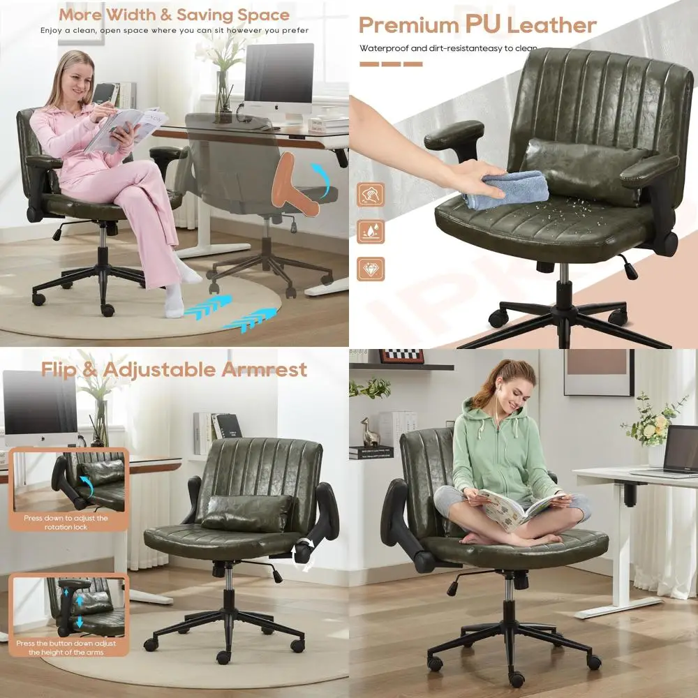 

Adjustable Arm Swivel Office Chair with Wheels, Green PU Leather, Ergonomic Desk Chair for Home and Bedroom