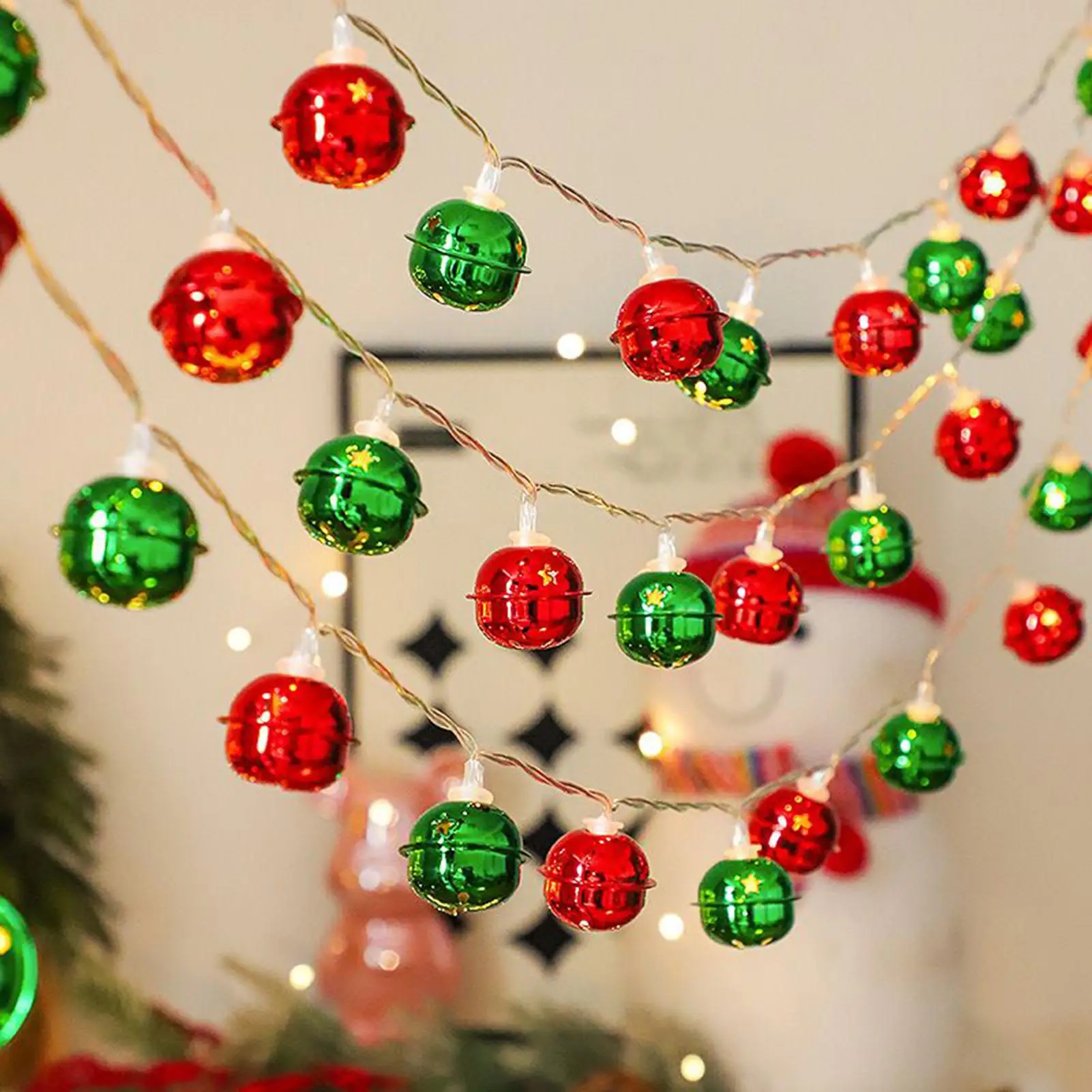 عيد الميلاد الأحمر الأخضر أجراس سلسلة أضواء معلقة جارلاند مصباح للزينة بطارية تعمل بالطاقة للمنزل غرفة نوم الموقد ديكور #3