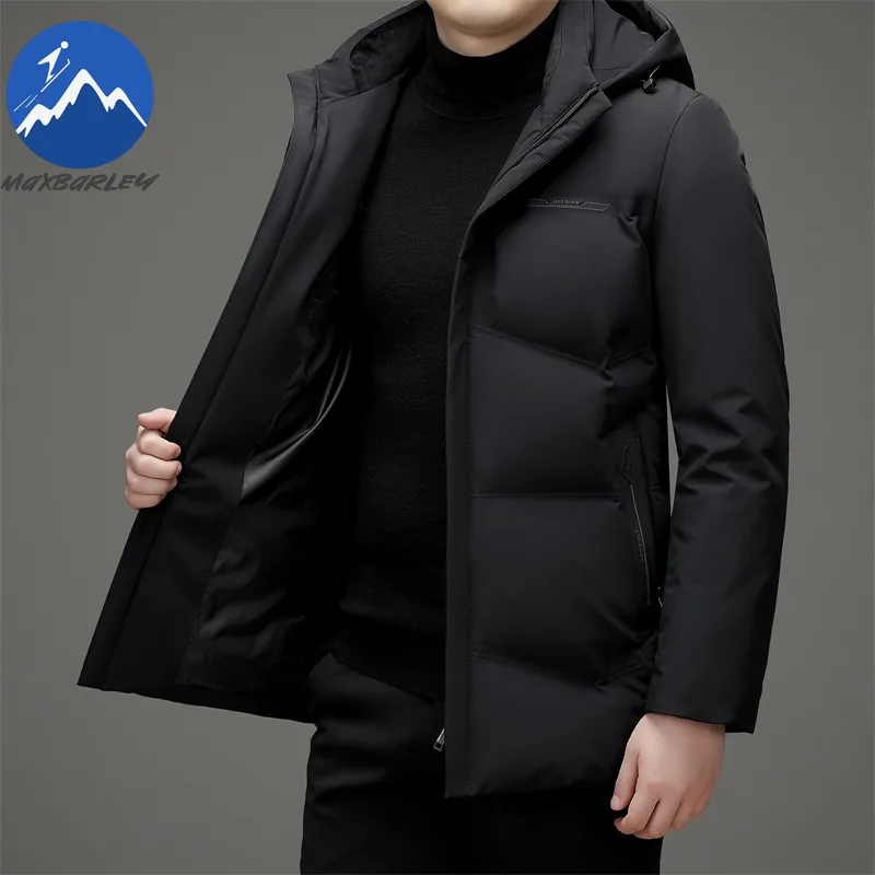 Maxbarley Men Down Jacket Luxury Hood Outdoor Office Lightweight Puffer Jacket Trendy Duck Down Hiking Thicken Warm Winter Coat