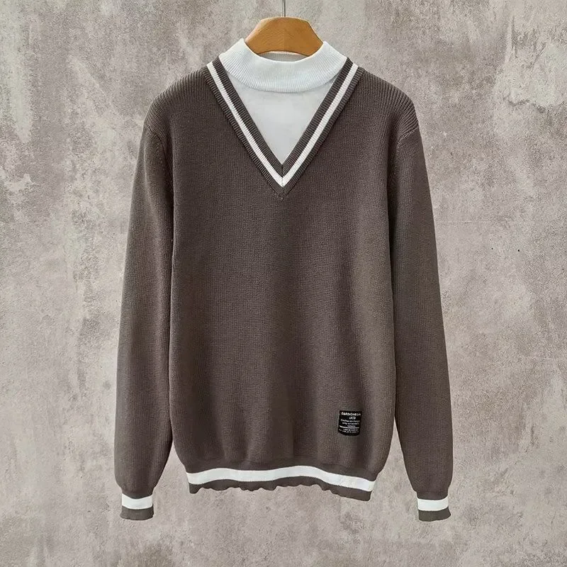 

Весенне-осенний полосатый дизайн Sense, искусственный трикотаж из двух предметов, мужской модный облегающий полуводолазка, универсальный свитер в зрелом стиле