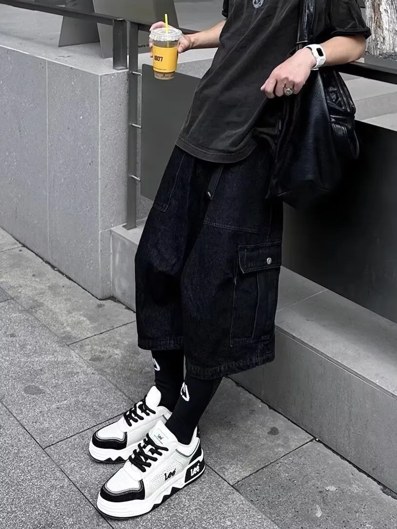 Trendy Japanese Streetwear Workwear orts Men's Summer Loose Casual Wide Leg Seven-Foot Pants with Big kets Faionable