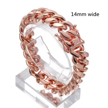 Grandma Chic Curb Cuban Link Chain Bracelet for Women Men, Stainless Steel Chain Jewelry 10mm/14mm, Beauty Rose Gold Color Bracelet