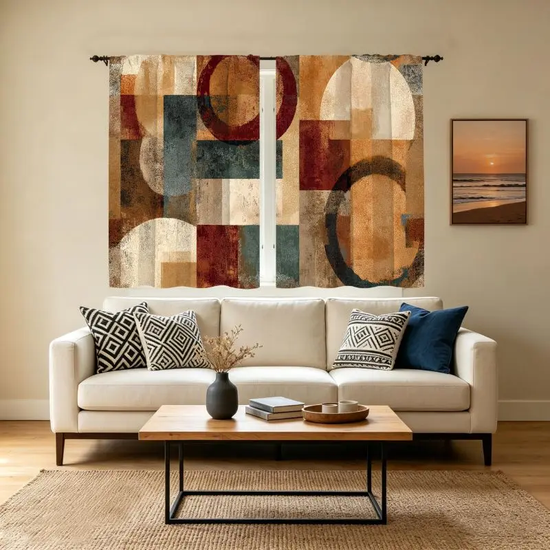 VIKAMA Mid Century Abstract Short Curtain Geometric Tier Curtain Earth Tone Rod Pocket Small Window Boho Home Decor Curtain