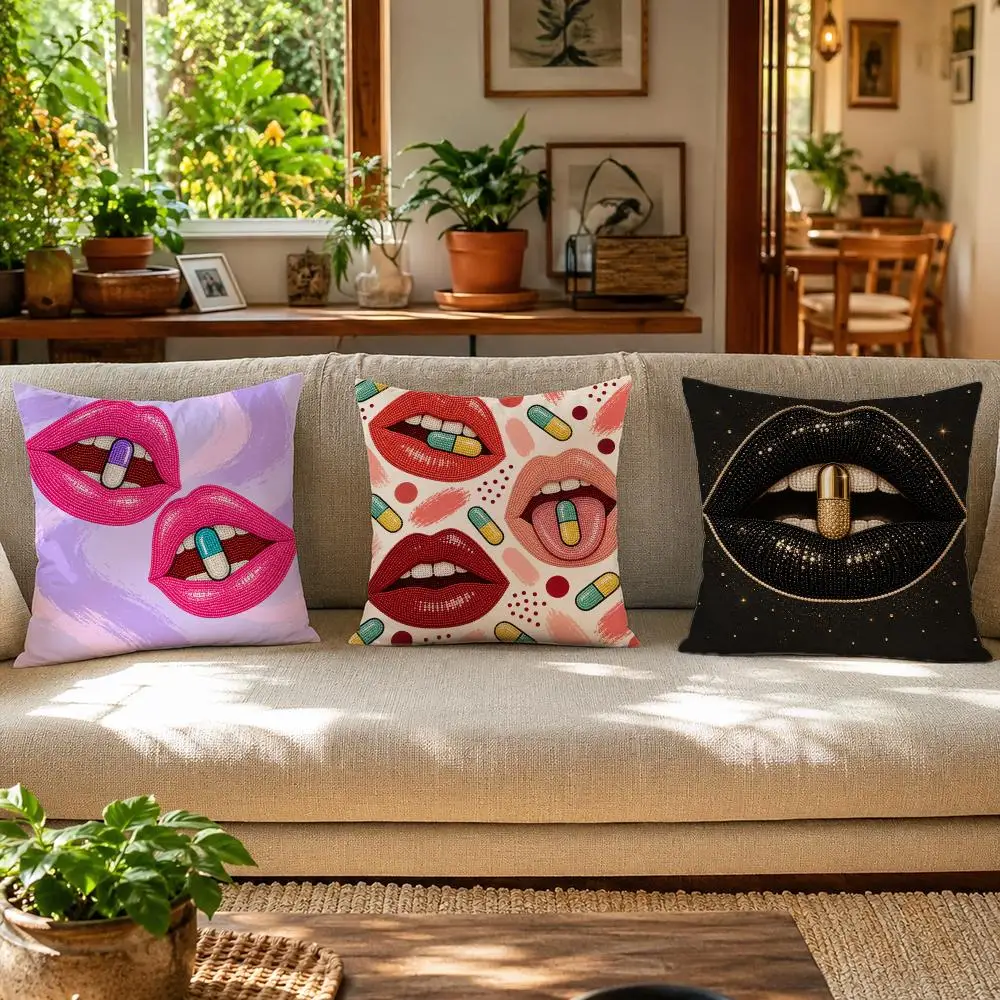 Chill Pill Lips Pop Art Cushion Cover Skin-Friendly Organic Linen Pillow Cover Durable Hypoallergenic Washable Soft