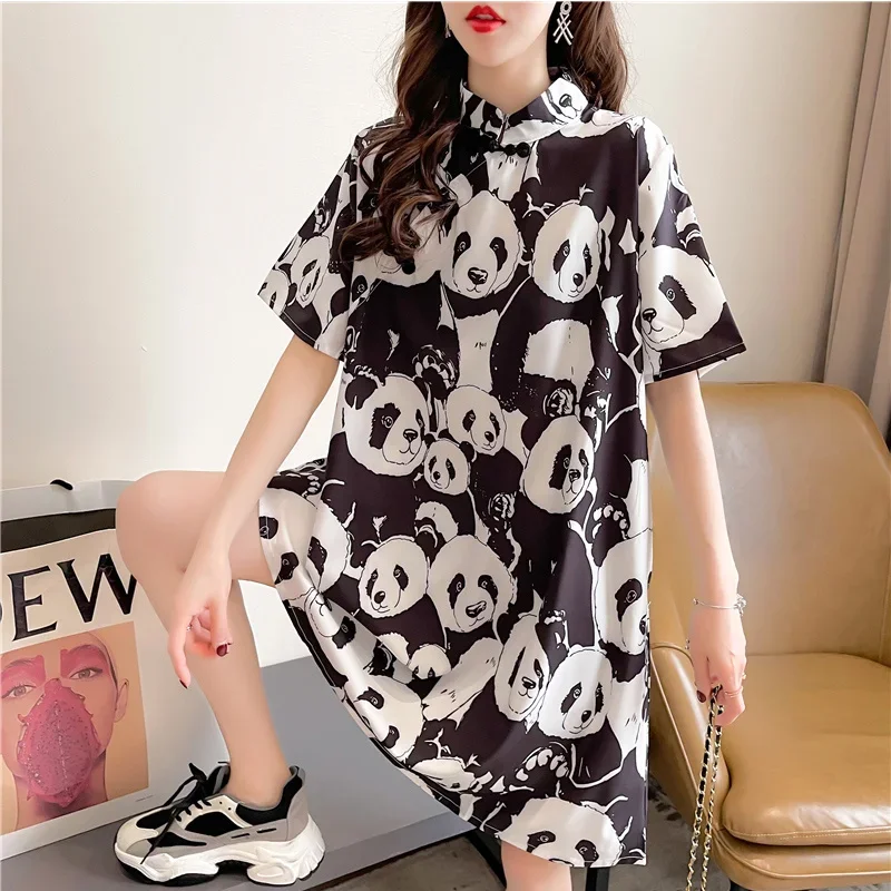 Chinese Style Panda 3D Printed T Shirt Women Stand Collar Vintage Long T-shrit Female Loose Womens Tee Shirts Summer 2024