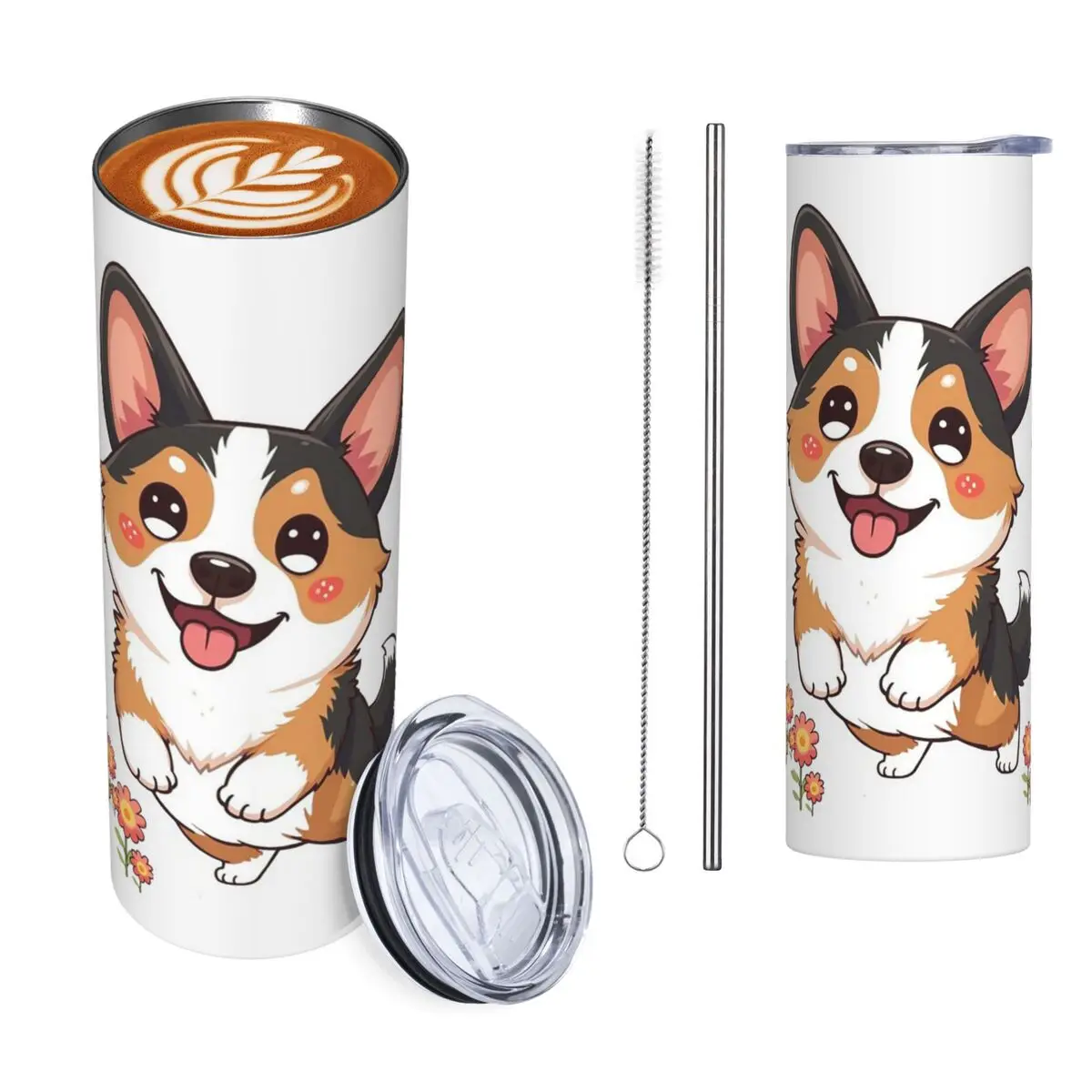 Kawaii Tricolor Corgi In The Garden Stainless Steel Tumbler Vacuum Insulated Mugs Thermal Cold Cups Straw With Lid 20oz
