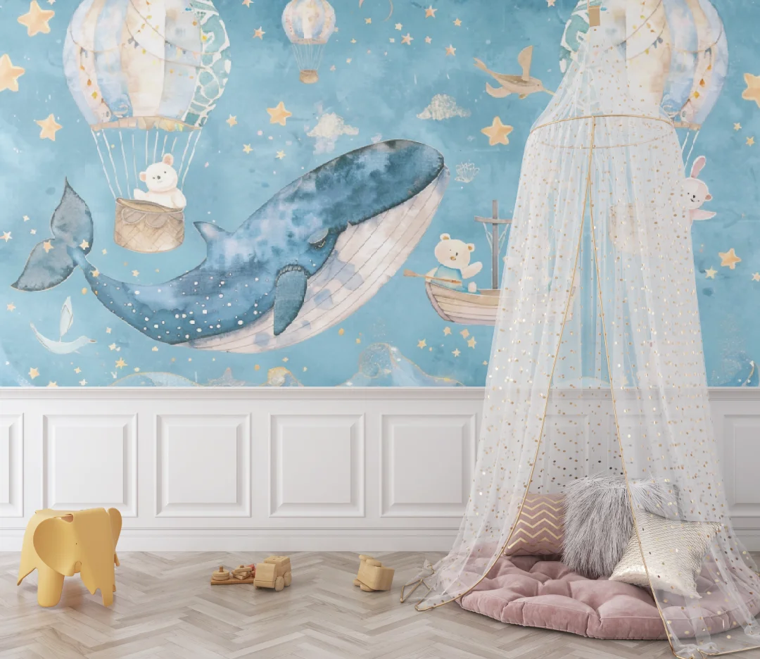 Custom size mural hand-painted cartoon hot air balloon whale wallpaper, children's room kindergarten decoration painting murals