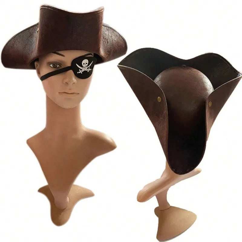 Halloween Pirate Hat Skull Cap with Leather Strap Triangle Buckle Round Costume Accessory