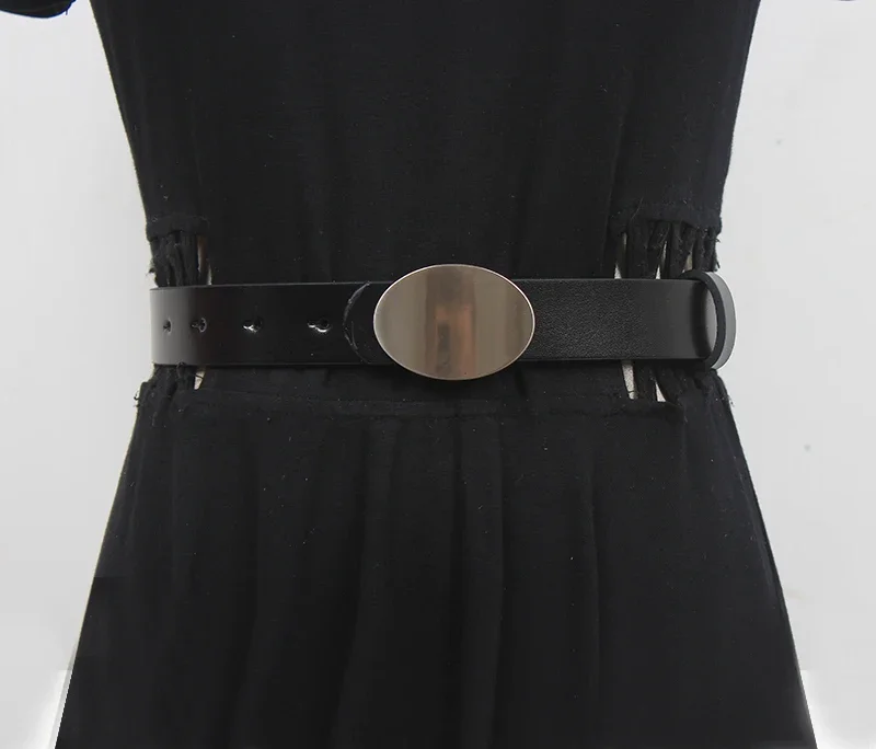 

Women's Runway Fashion Black Genuine Leather Cummerbunds Female Dress Corsets Waistband Belts Decoration Narrow Belt R1930