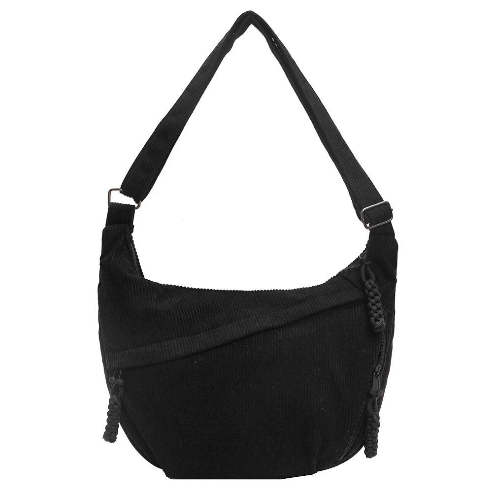

Solid Color Women Crescent Bag Corduroy Shoulder Bag Zipper Hobo Bag with Pockets Everyday Sling Bag for School Travel Work