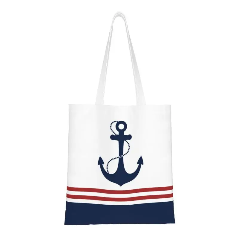 Custom Cute Print Nautical Navy Blue Anchor With Stripes Tote Shopping Bags Canvas Shoulder Shopper Sailing Sailor Handbag