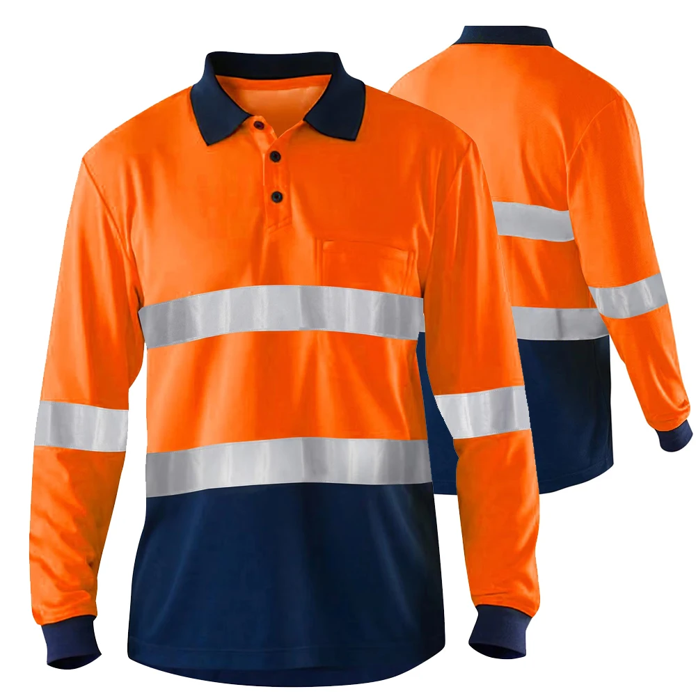 Two Tone Long Sleeve Blue Safety Shirts High Visibility Reflective Shirts With Pockets Hi vis work shirts Workwear