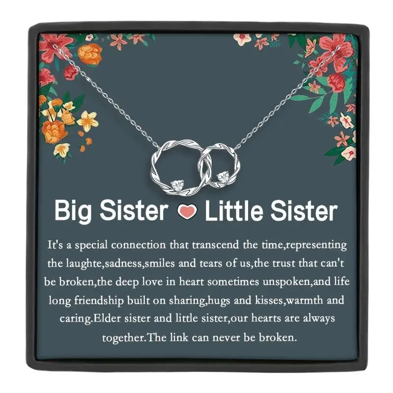 Gift card with text and gift box, double twist pendant necklace for big sister and little sister, sisters necklace,