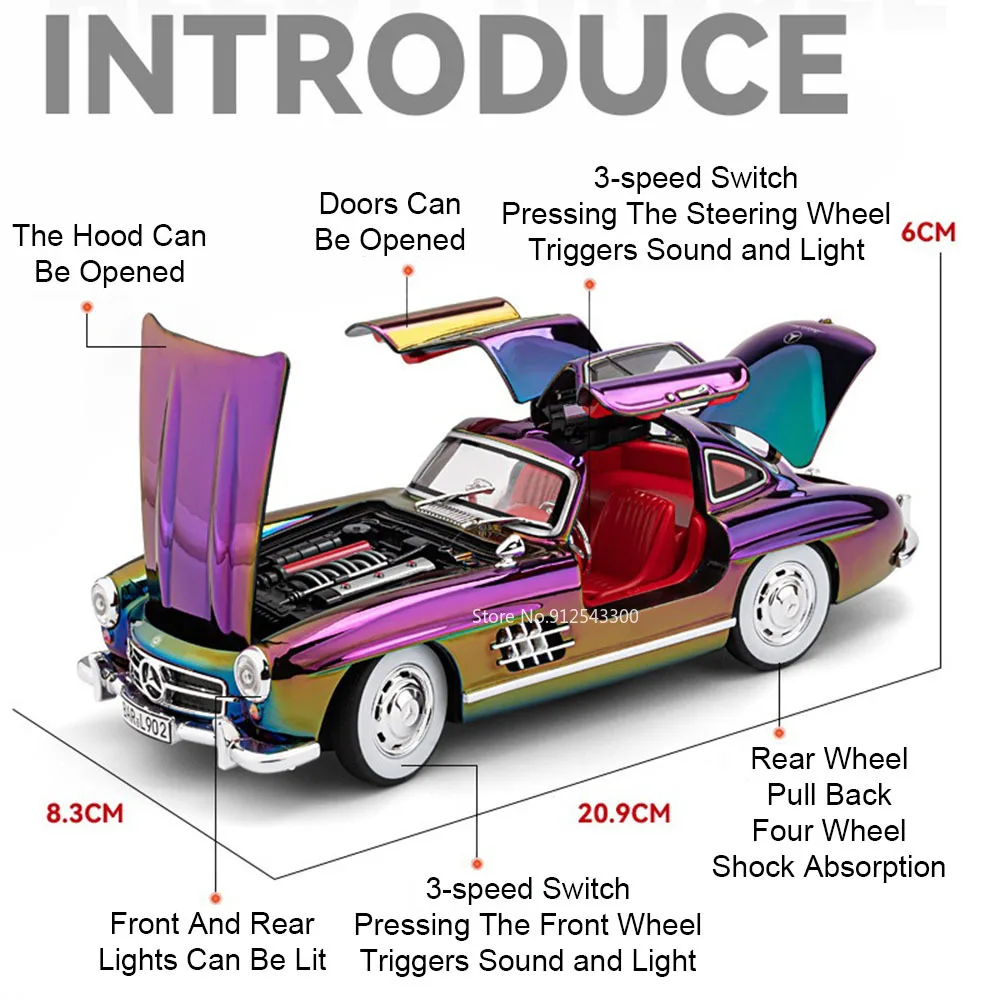 Scala 1:24 300SL S320 Modello di auto sportiva Giocattolo Suono Luce Porte aperte Wgeel Sterzo Tirare indietro Modelli di veicoli Ornamenti squisiti
