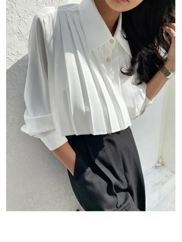 قميص نسائي أنيق عتيق بأكمام طويلة، فضفاض مناسب بأزرار سفلية، تصميم مطوي مزين بشكل متعدد الاستخدامات، ملابس عمل متعددة الاستخد...