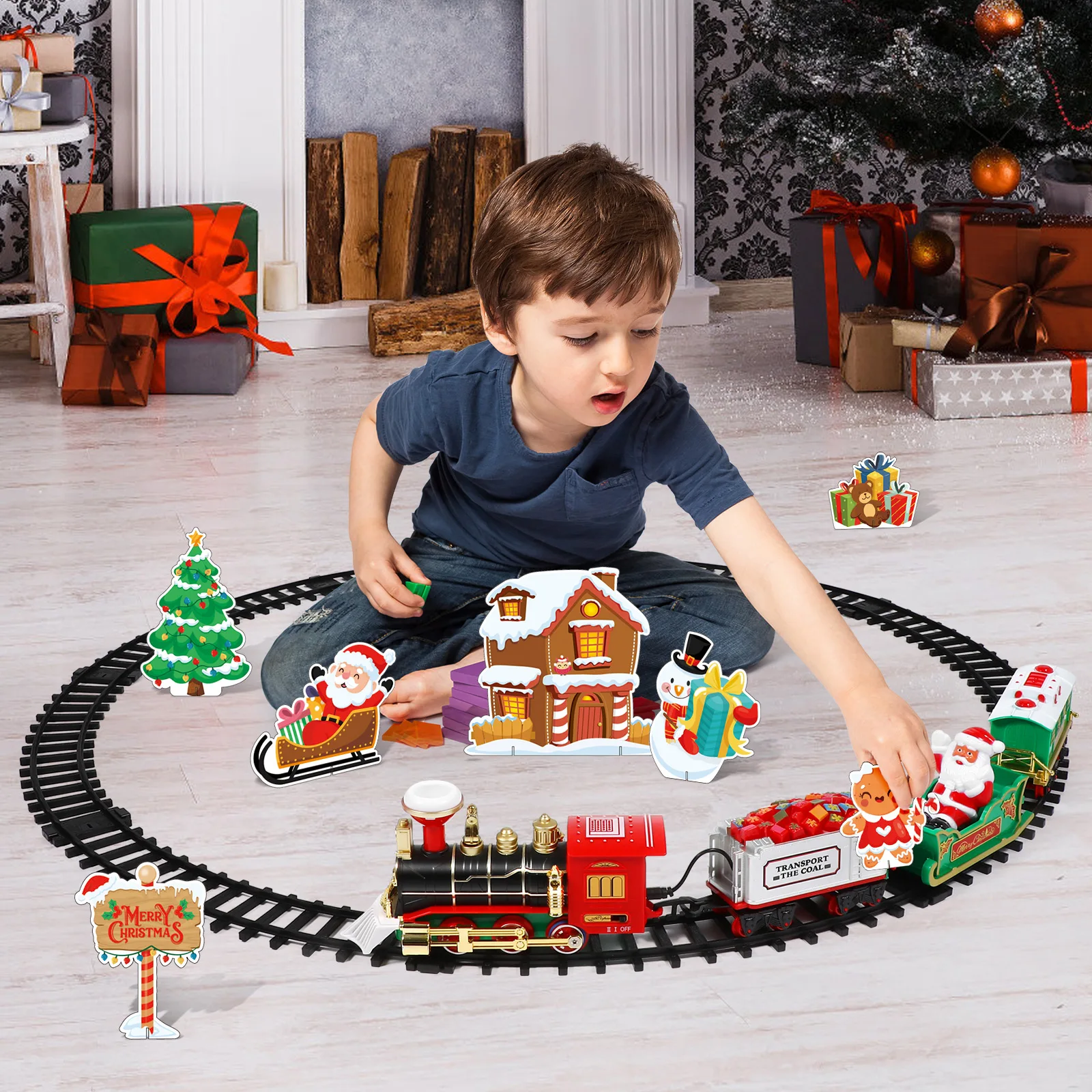 

Christmas Train Set Electric Steam Locomotive with Sound Light Smoke Effects Curved Straight Tracks for Kids Independent Play