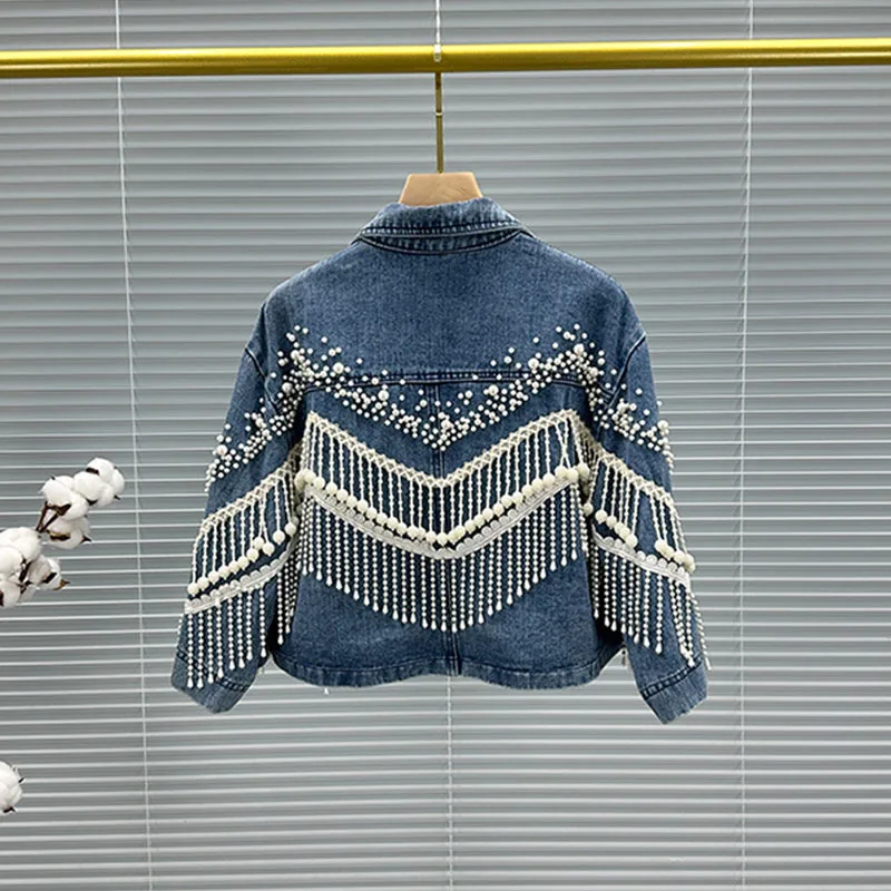 Spring New Heavy Work Pearl Beaded Tassels Blue Short Denim Jacket Women Loose Lapel Half Sleeve Jeans Jacket Casual Streetwear