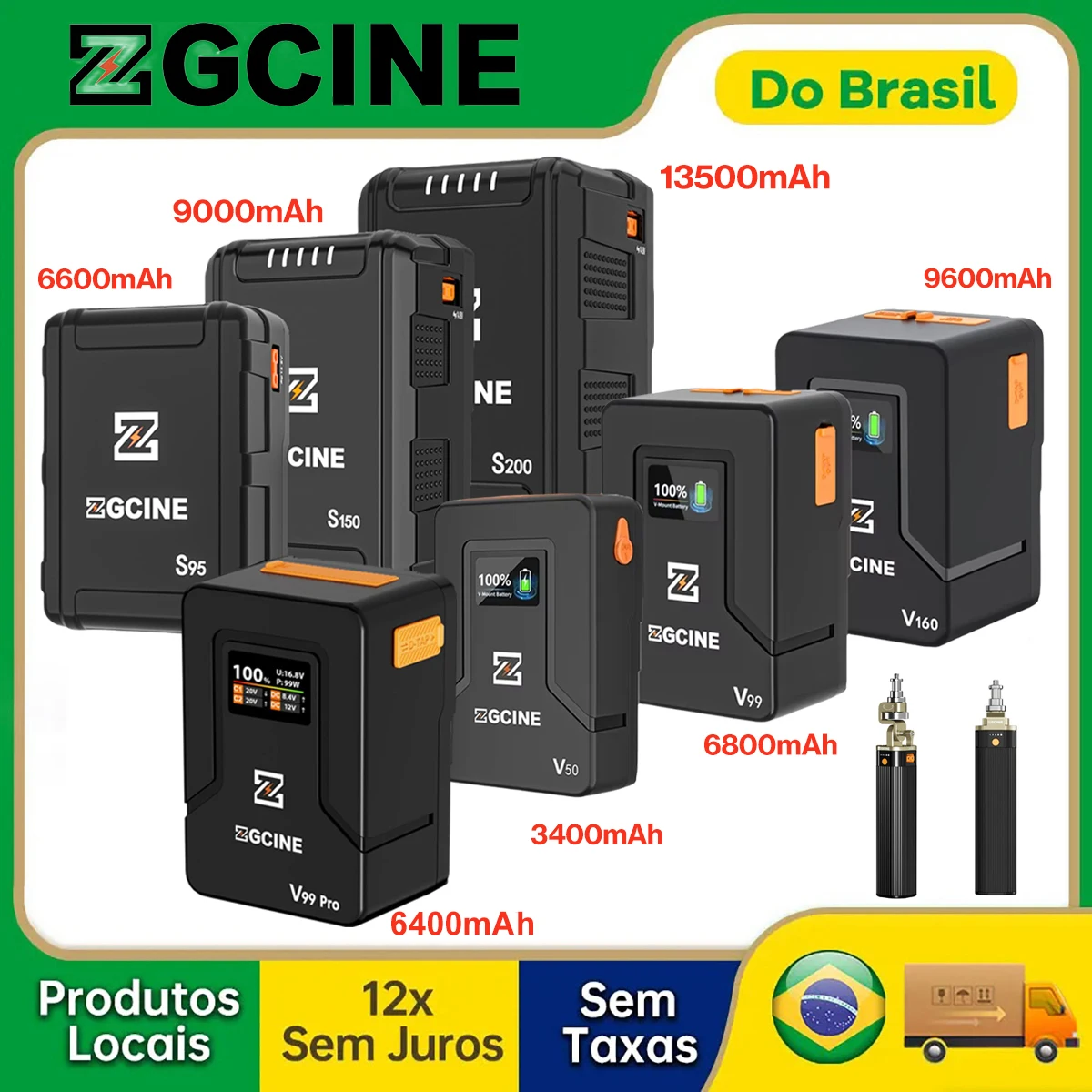 【Do Brasil】ZGCINE Bateria de montagem em V ZG-V99 V99 Pro V60 /ZG-S200 /ZG-X99 Bateria da série H90 Grip e placa de bateria de montagem em V