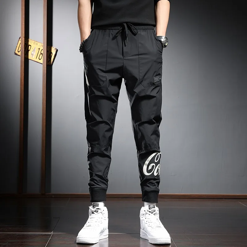 2022 Summer Casual Pants Men Fashion Printed Joggers Streetwear Sport Thin Drawstring Black Trousers