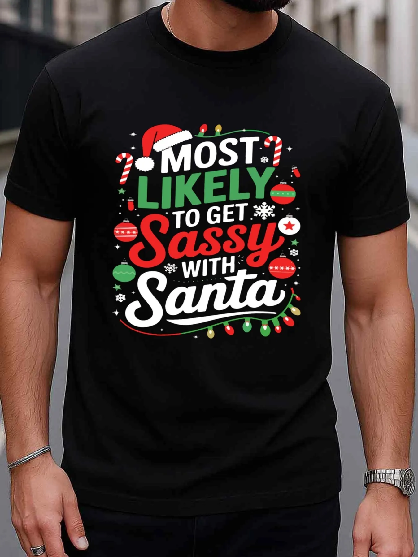 Most Likely Sassy Santa Christmas T-Shirt For Men | 180G, Black, Crew Neck, Casual Style, Suitable For Office, Dates, Going Out,