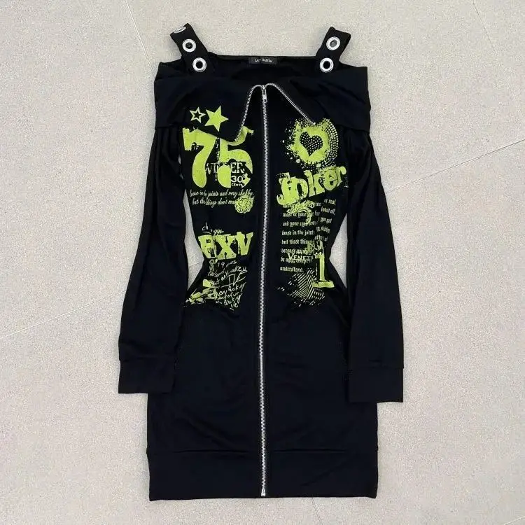 Original subcultura preto fora do ombro punk impresso hip abraçando jaqueta longa outono vintage picante menina fino ajuste zíper cardigan