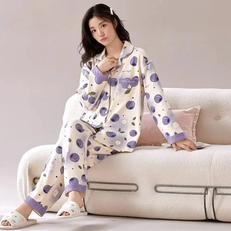 Padded Pajamas Spring Autumn Women Long Sleeve Pure Cotton Nightclothes Suit Female Sweet Loose Casual Single Breasted Homewear