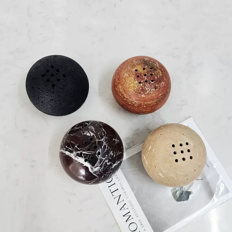 Natural Marble Sphere Incense Burner, 9-hole, Circular Incense Cone Bracket, Limestone Incinerator, Frankincense Evaporator