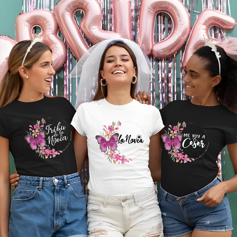 Spanish Bridal Wedding Team Bride Squad T-Shirt Bachelorette Party Tops Spanish Women Short Sleeved Flower Future Bride Tees