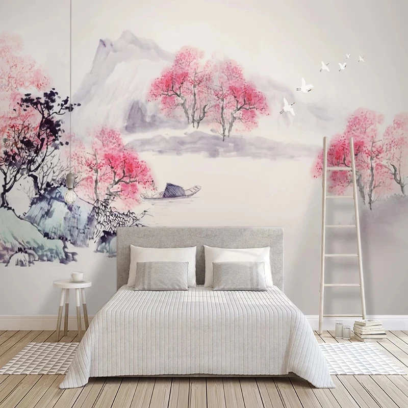 Customized Chinese Ink Painting Peach Blossom tree Mural Wallpaper Home Decor Living room TV background wall bedroom restaurant