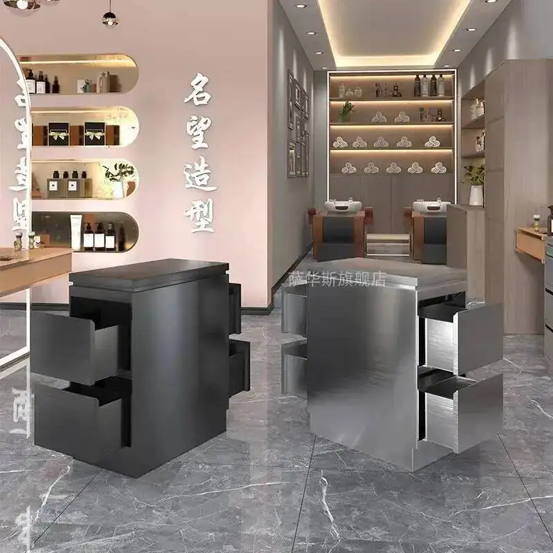 

Tool Hair Salon Cabinet Special Salon Stainless Hairs Double Layer Desk Shelf Steel Barbershop Cutting Rack Gold 75/80CM Table