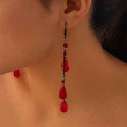 KunJoe Halloween Red Crystal Blood Droplet Long Tassel Pendent Earrings for Women Gothic Vintage Water Drop Dangle Earring 2024